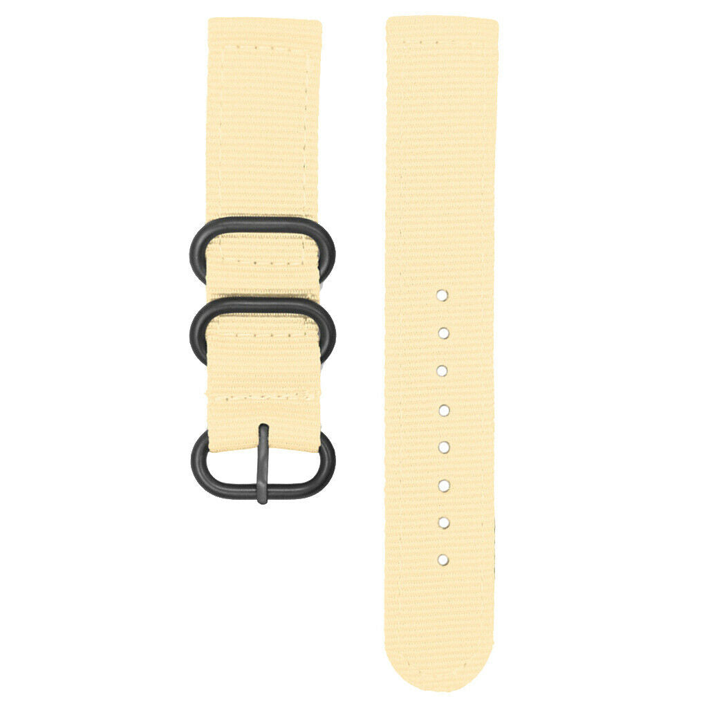 Beige Nylon Watch Band Stainless Steel 3-ring Buckle Wristband Replace 24mm