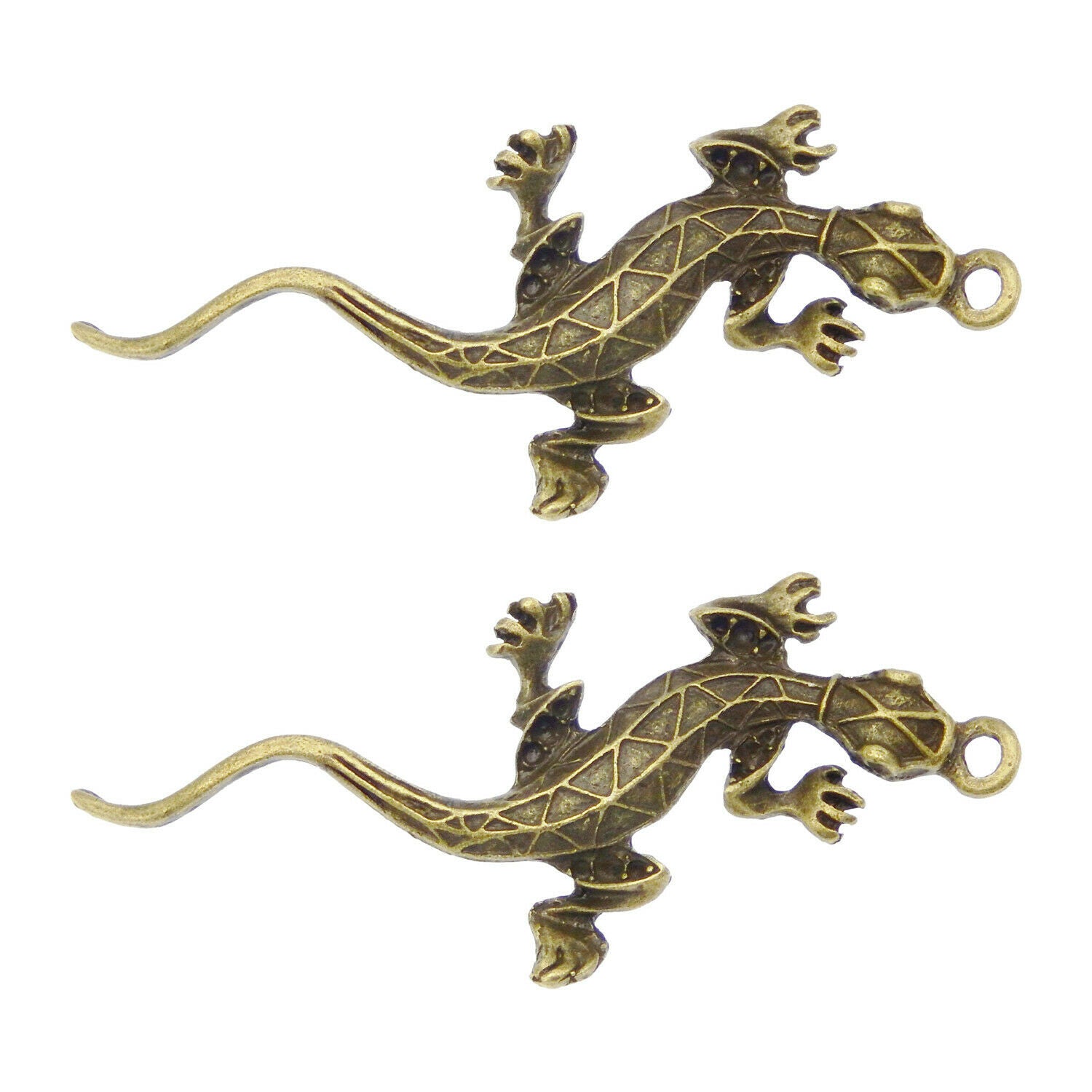Lot of (x8) Antiqued Bronze Metal Lizard Craft Hollowed Pendant Charm 51x26x6mm