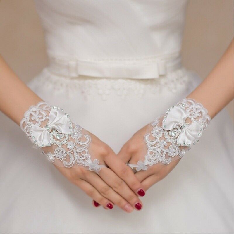 Women Lace Wedding Gloves White Fingerless Bow Bridal Party Evening Wrist Gloves