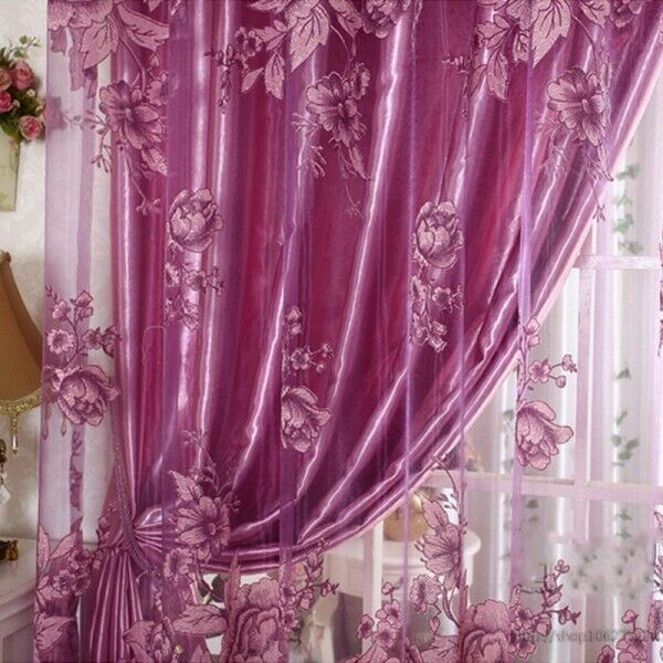 250*100cm Peony Voile Curtain Living Room Window Tulle Sheer Curtain Purple