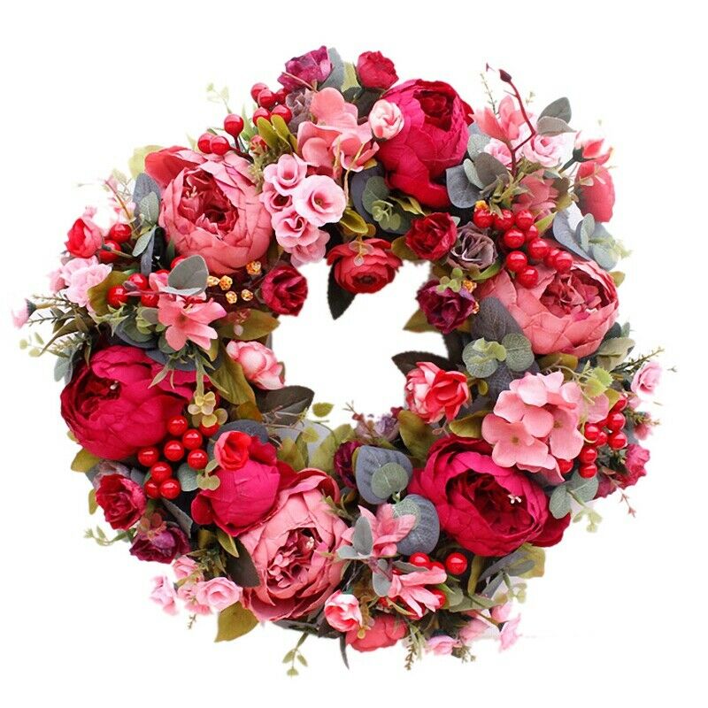Decorative Door Wreath,Silk Flower Peony Head Flower Wreath 40cm Handmade GarlP3