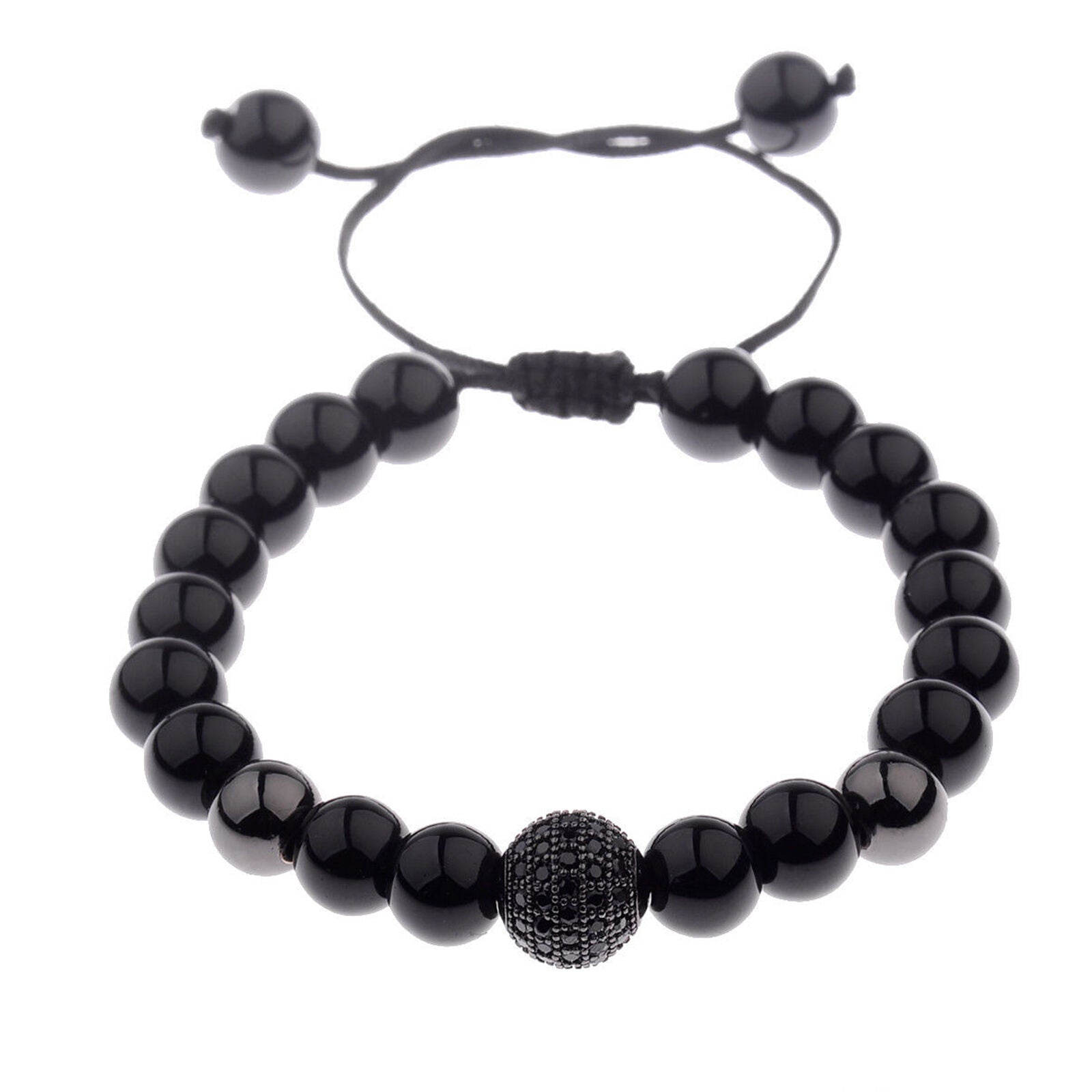 Charm Men's Zircon Micro Pave Black Natural Stones Round Beaded Bracelets new