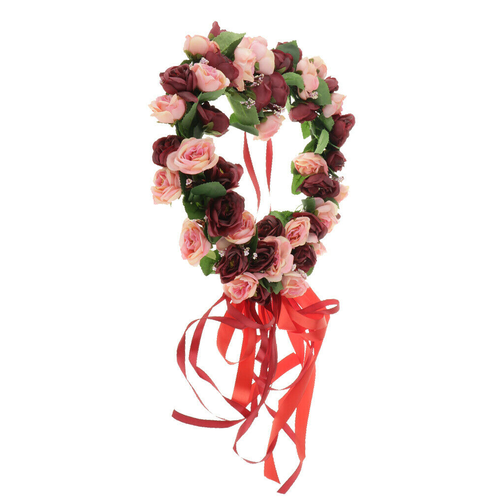 Artificial Rose Wreath Heart Shaped Wreath with Red Silk Ribbon, Wine Red Rose