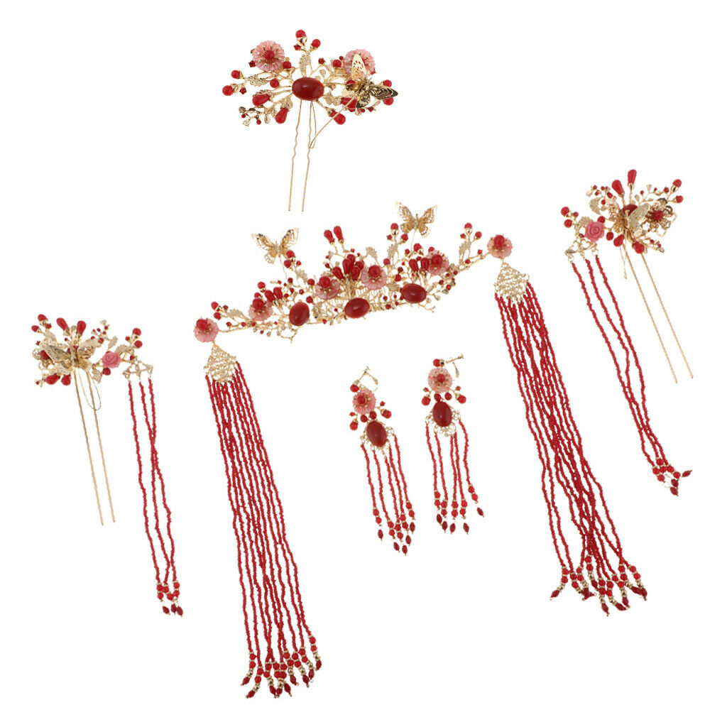 Chinese Ancient Red Crystal Hair Stick Tiara Crown Wedding Bride Headdress