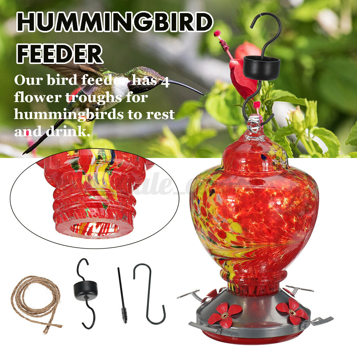 Hummingbird Feeder 4-Trough Tree Hanging Outdoor Garden Yard Colorful Glass CA3