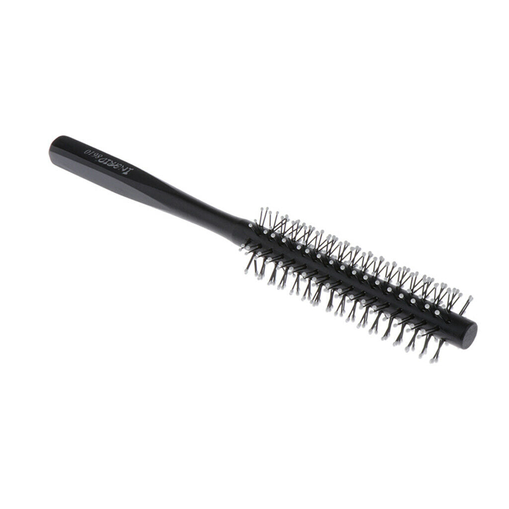 Mini Round Hair Brush Nylon Bristles Black Long Wood Handle Hair