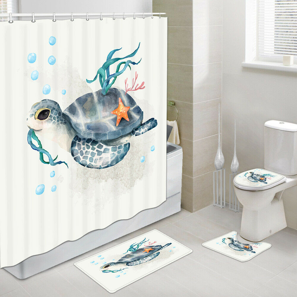 Turtle Eating Seaweed Shower Curtain Set Bath Rug Toilet Lid Seat Cover 4PCS-Set