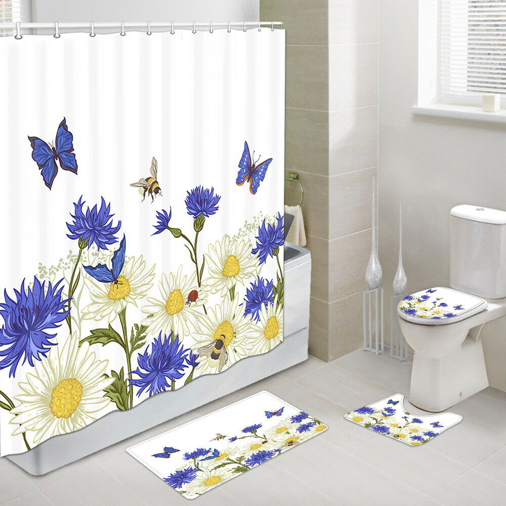 Butterfly Bee Flower Shower Curtain Set Bath Rug Toilet Lid Seat Cover 4PCS-Set