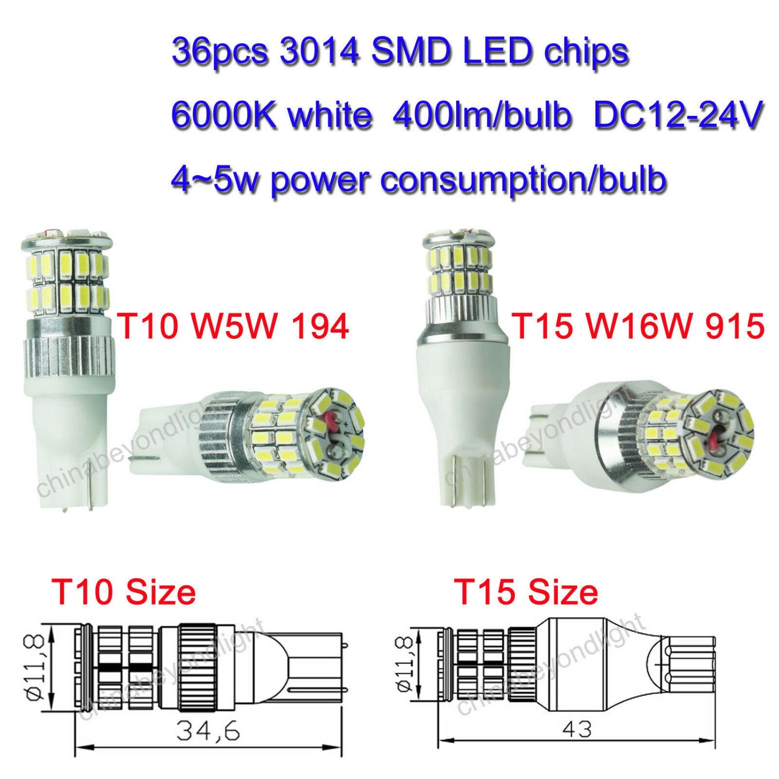 T15 W16W 915 916 Wedge 36W SMD 3014 White LED backup reverse interior lamp x2