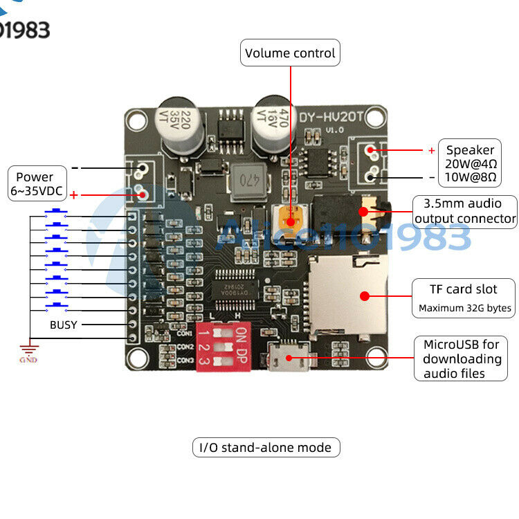 12V/24V Power Supply 10W/20W Voice Playback Module supporting Micro SD Card