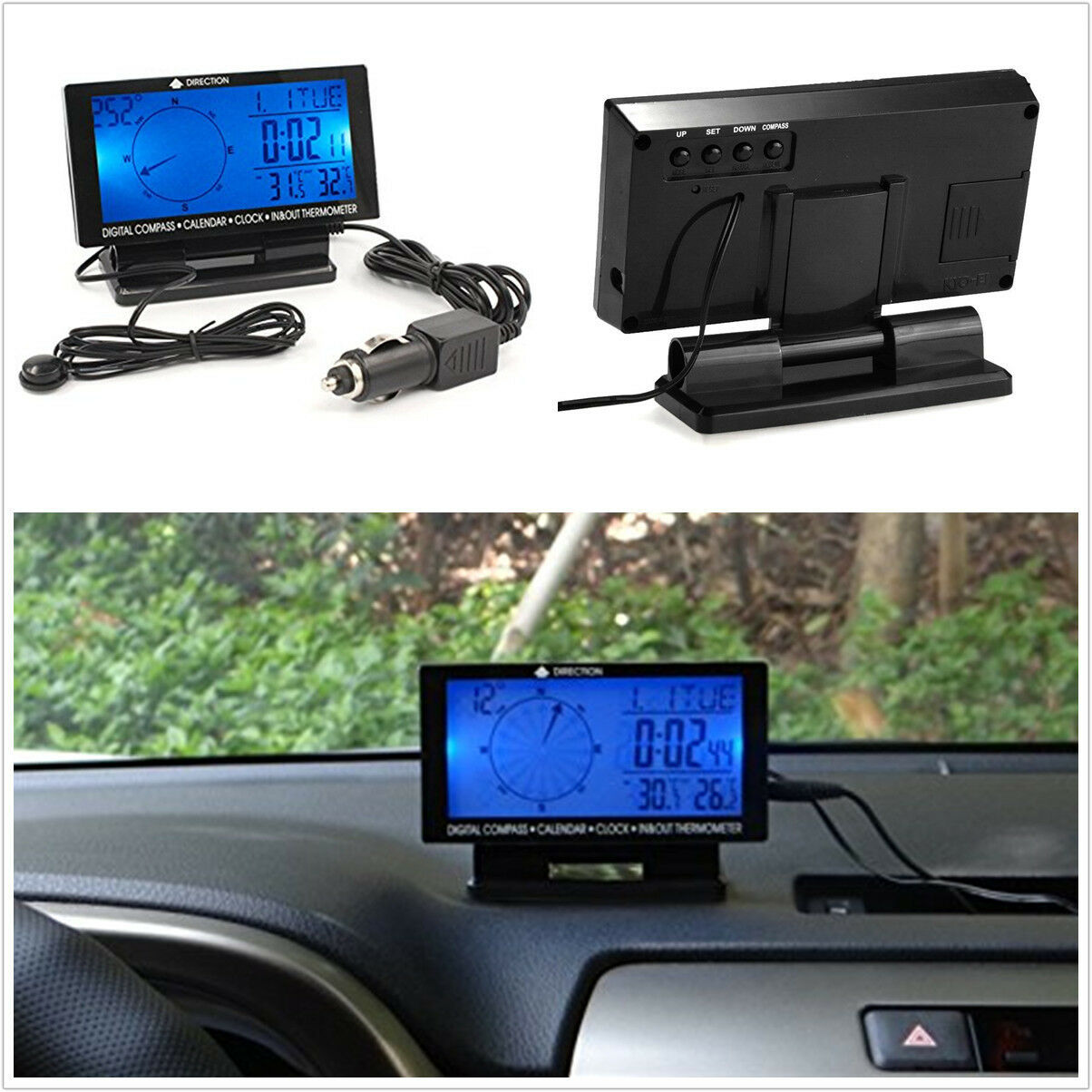 In-Car Digital Compass 4.6" LCD Display Blue LED with Clock Thermometer Calendar