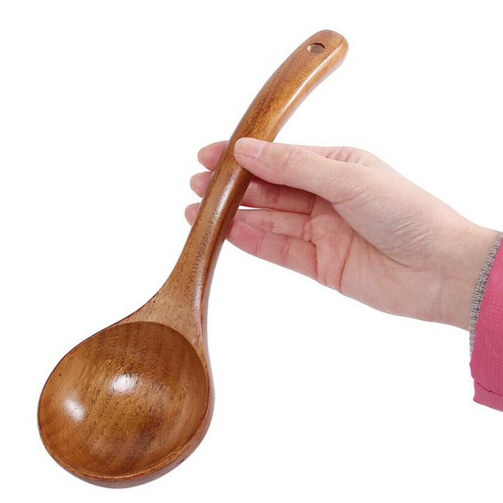 Wooden Long Handle Spoon Ladle Dinner Rice Tableware Flatware with Hook Wood