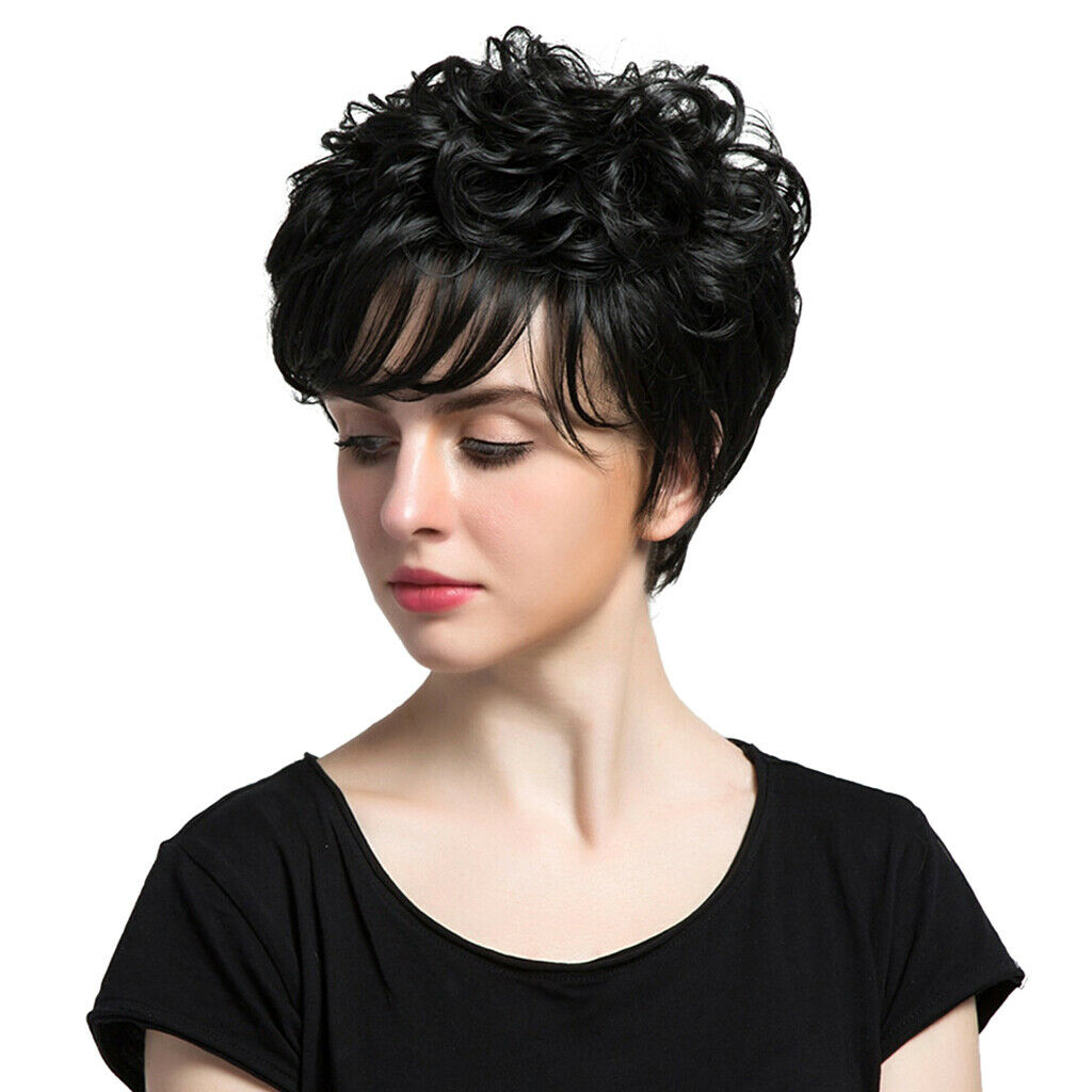 Short Curly Black Wigs Women's Curly Ends Short Fiber Wig With Layered Bangs