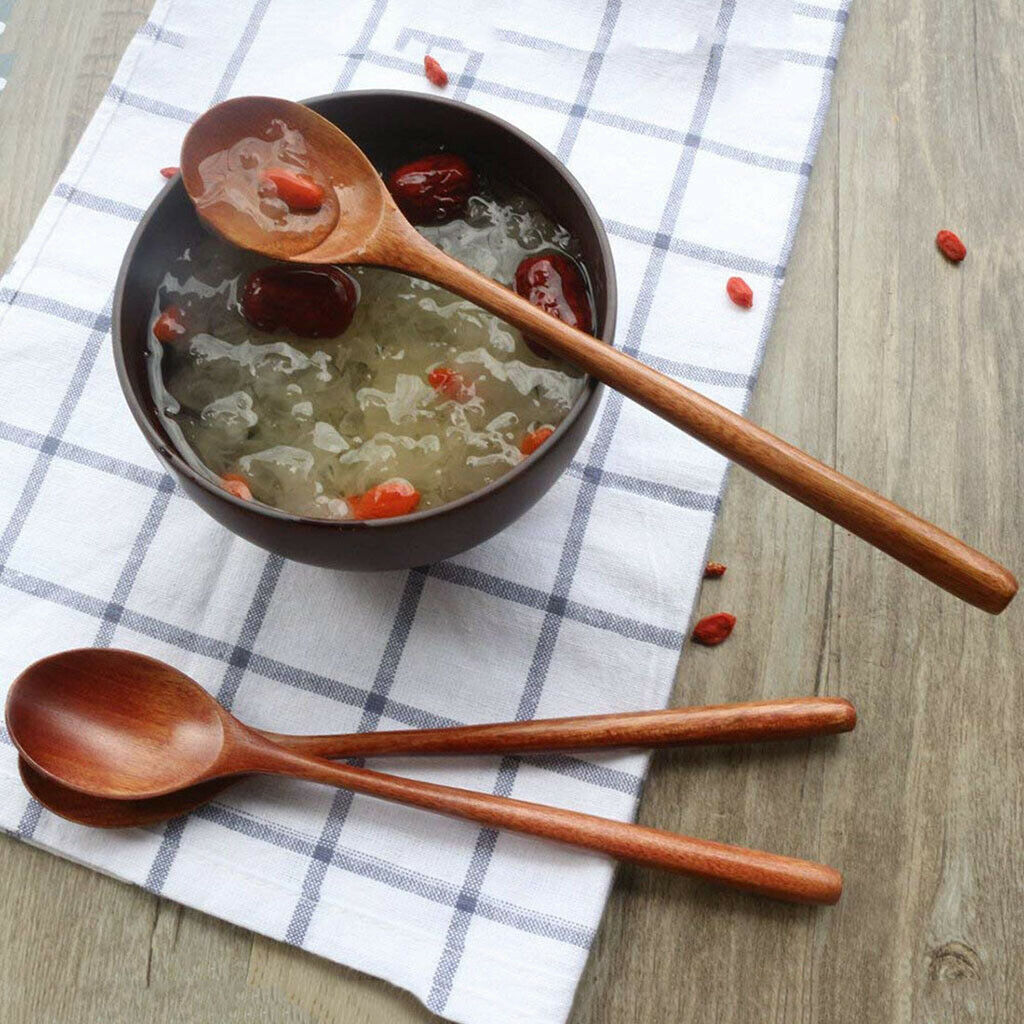 6 Pack 9'' Small Soup Spoons Serving Spoons Wooden Korean Style Teaspoon for