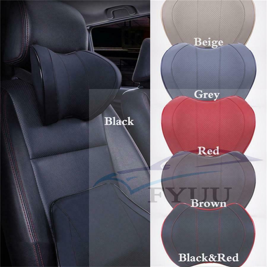 2pc Black Leather Car Seat Neck Pillow Auto Memory Foam Headrest Travel Cushion