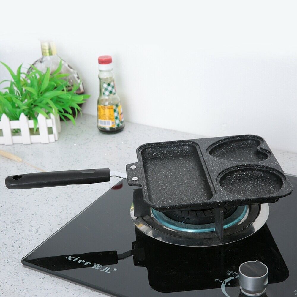 3 In 1 Aluminum Non Stick Grill Pan Divided Skillet Egg Beef Steak Frying Pan
