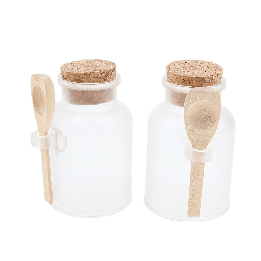 2 Pieces ABS Bath Salt Bottles Empty Clear Corked Jar with Wood Spoon  100g