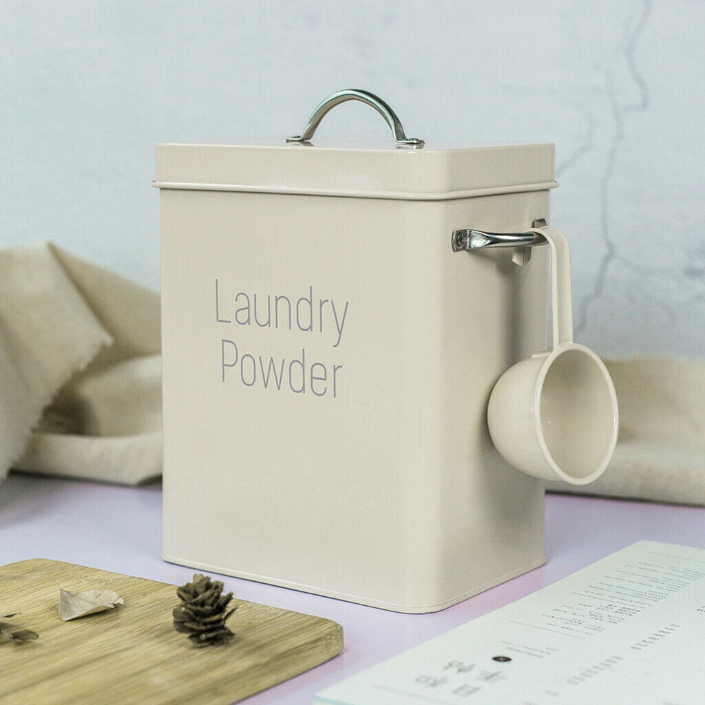 Laundry Powder Storage Tin Box Large Rice Organizer with Spoon White