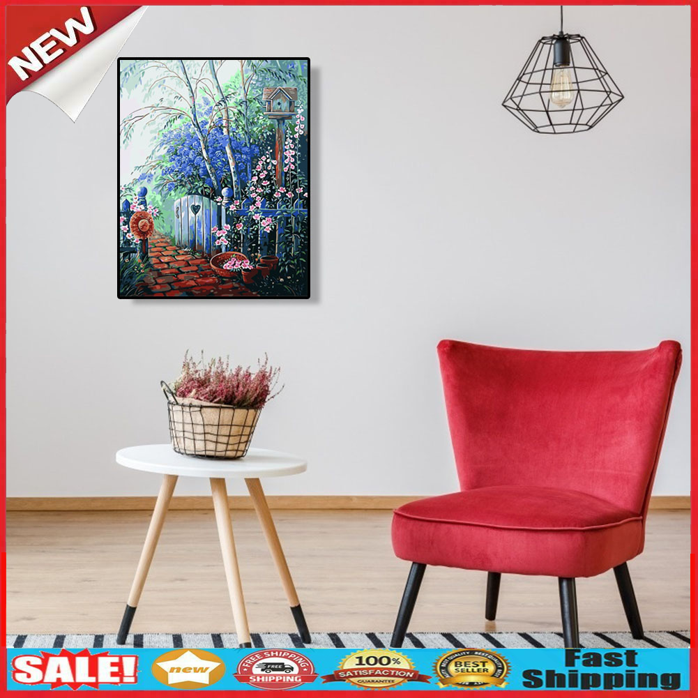 DIY Digital Canvas Blue Garden Oil Picture By Number Kits Art Modern Decor @