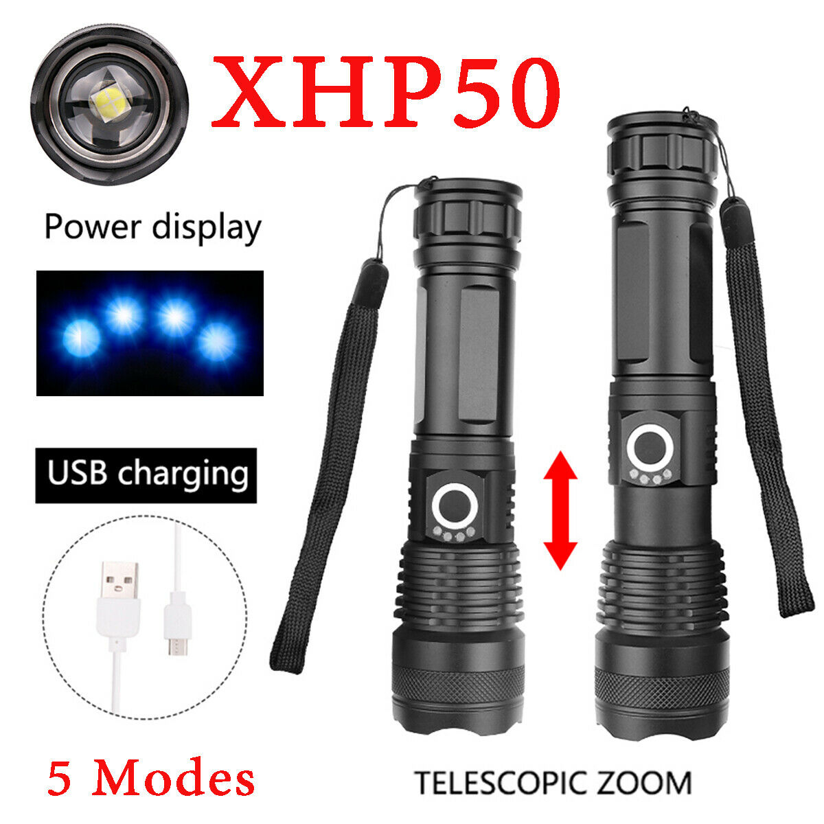 Bright XHP50 LED Flashlight USB Rechargeable Zoom Torch Light Outdoor Lamp