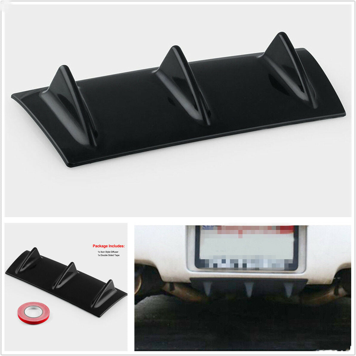 1xUniversal Rear Bumper Lip Chassis Diffuser Spoiler 3 Fin Shark Fin Style Gloss