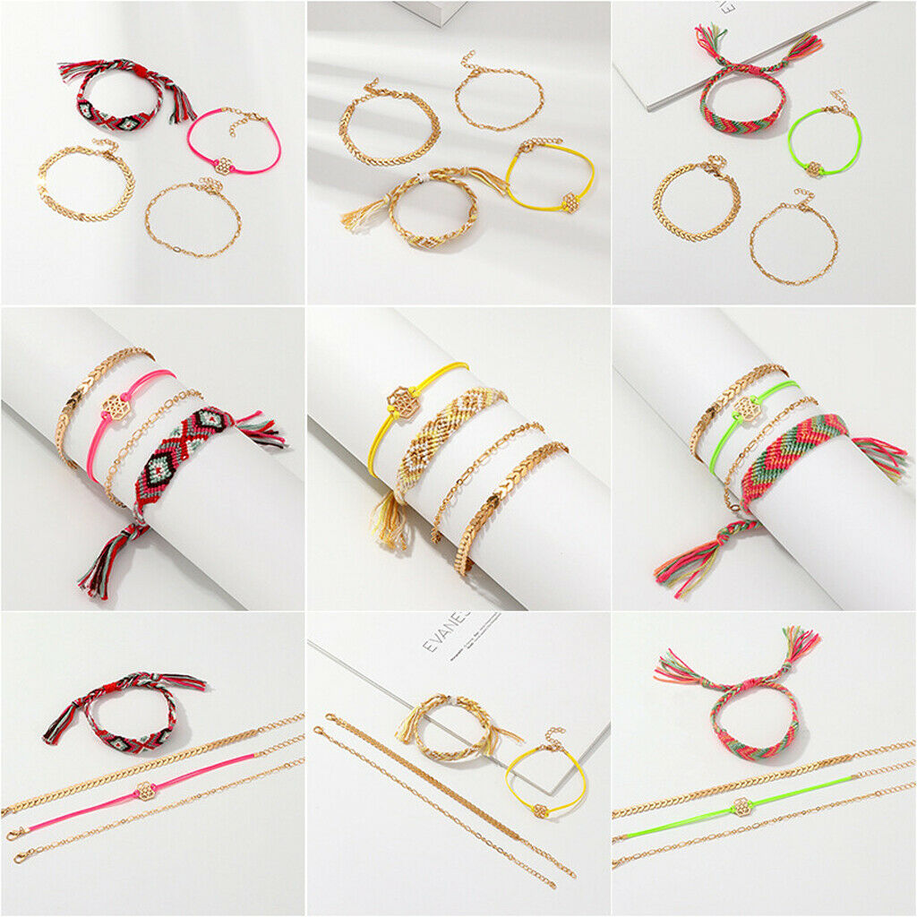 4pcs/set Multilayer Boho Beads Braided Bracelet Women Bangles Jewelry Yellow