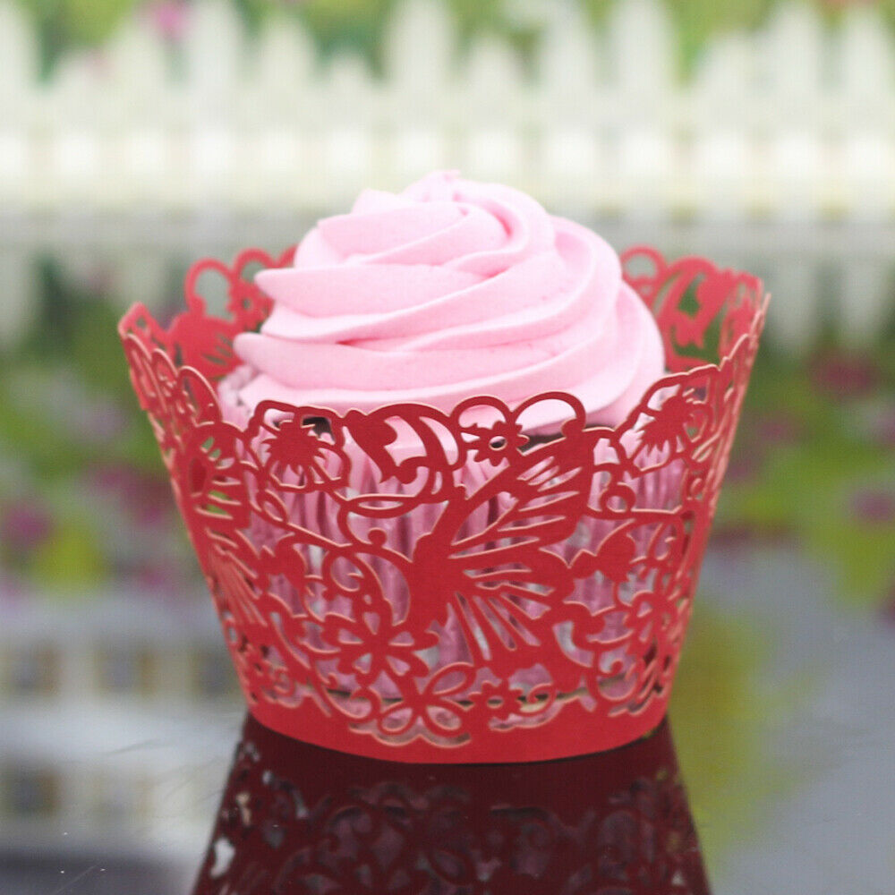 50x Pearly Paper Butterfly Lace Cup Cake Wrappers Wedding Party Decor Red