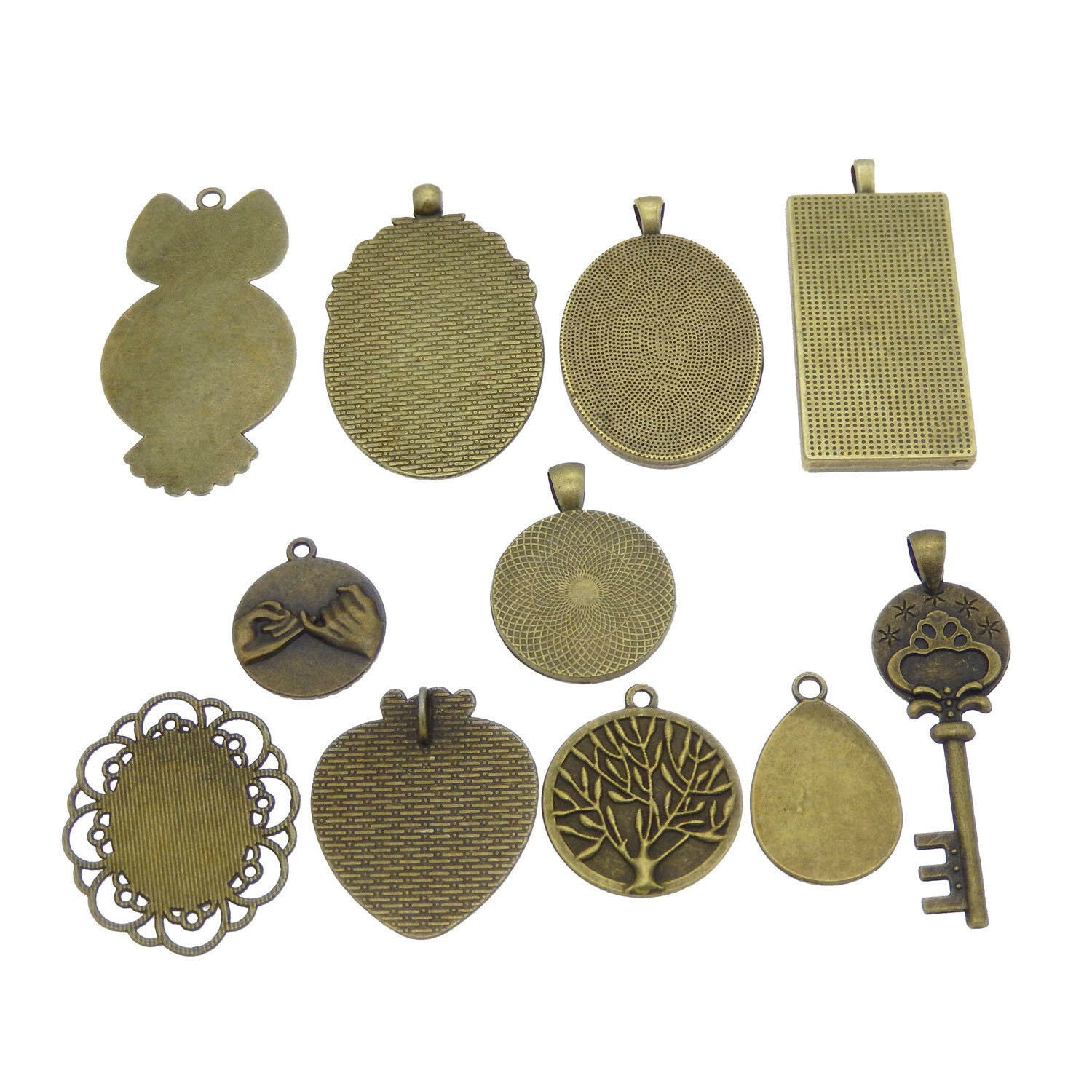 10 sets Antiqued Bronze Alloy Bezels Glass Cabochons Photo Making Pendants Mix