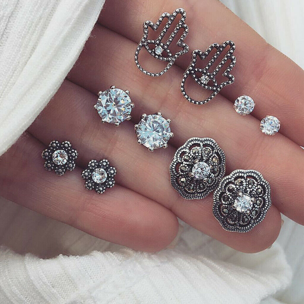 10pcs Retro Boho Carved Flowers Crystal Palms Floral Earrings Jewelry Sets