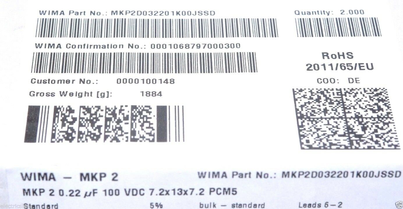 10pcs - WIMA MKP2 0.22uF (0,22µF 220nF) 100V 5% pitch:5mm Capacitor