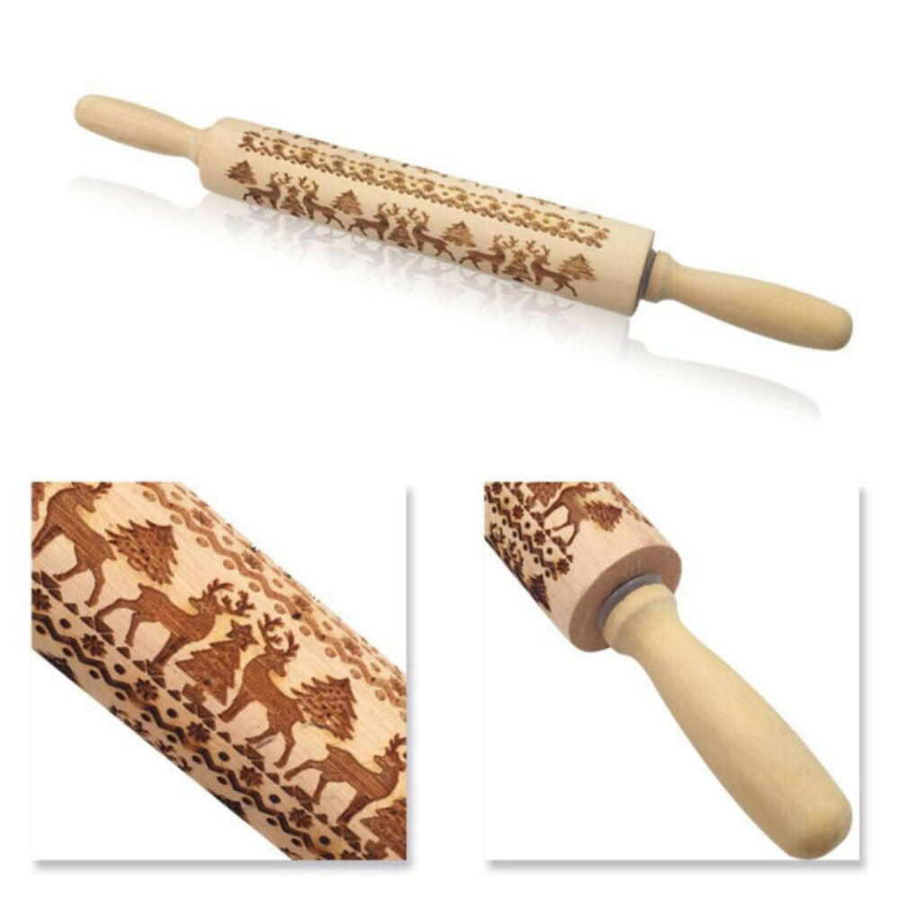 Christmas Wooden Rolling Pins Elk Deer Embossing Rolling Pin Kitchen Baking Tool