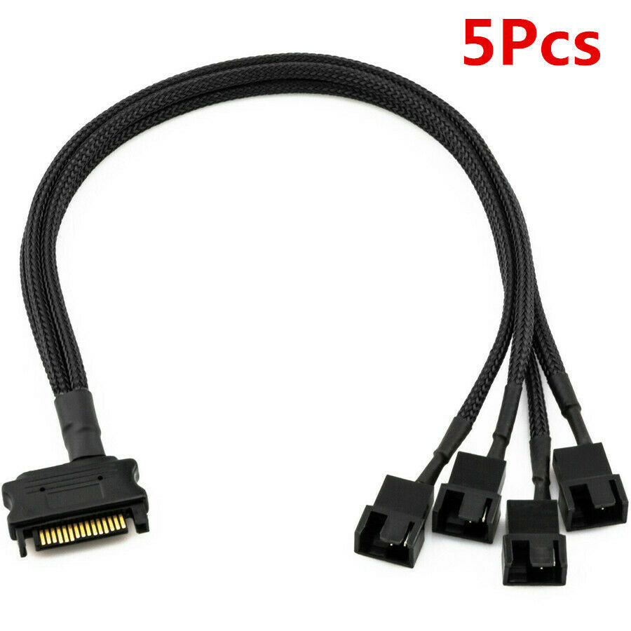 5Pcs 15-Pin Male SATA Connector to 4 Fan Sleeved PC Case Fan Power Adapter Cable