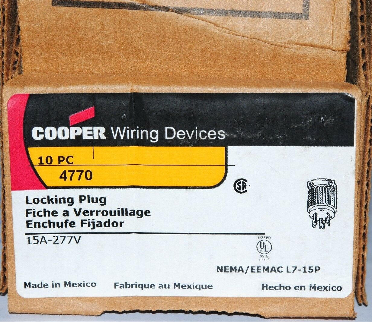 1pcs - COOPER 4770 NEMA L7-15P 15A 277V Twist Hart-Lock Locking Plug