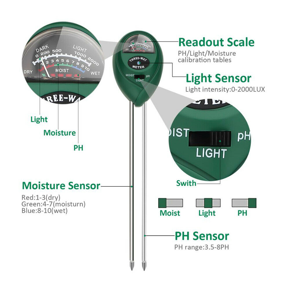 3-in-1 Soil Tester Meter For Garden Lawn Plant Moisture/Light/pH Sensor Tool US