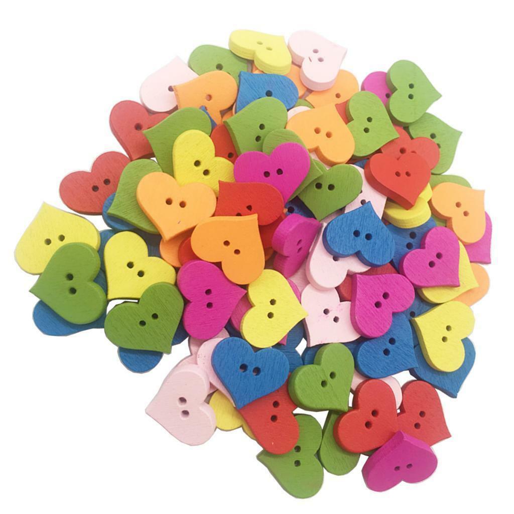100pcs Colorful Heart Wood Buttons for Kniting Sewing Cardmaking Craft 20mm
