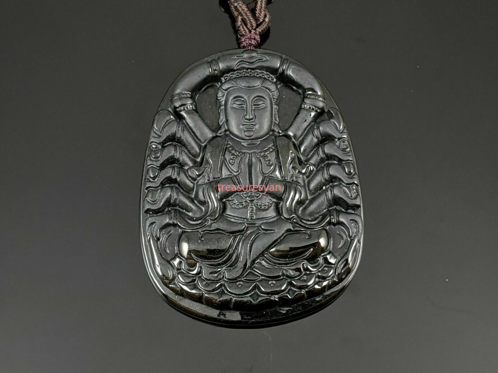 Natural Burmese Grade A Black Jadeite Jade Guan Yin Pendant with Woven Necklace