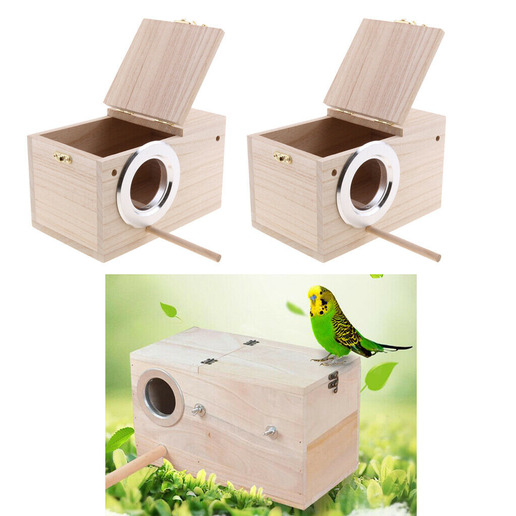 2x Wooden Budgie Nest Nesting Box & Perch For Cage Aviary With Opening Top