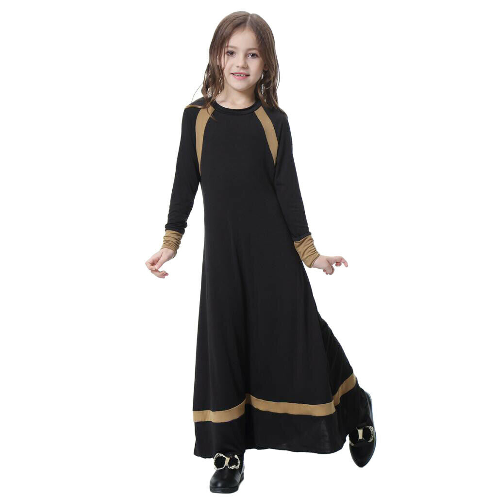 Girls Hit Color Long Sleeve Muslim Maxi Dress Ball Gown Abayas Black S