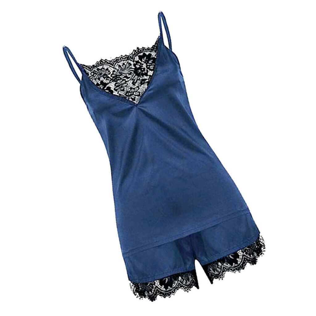 Womens Sexy Lace Satin Sleepwear Cami Top and Shorts Pajama Set Blue XL