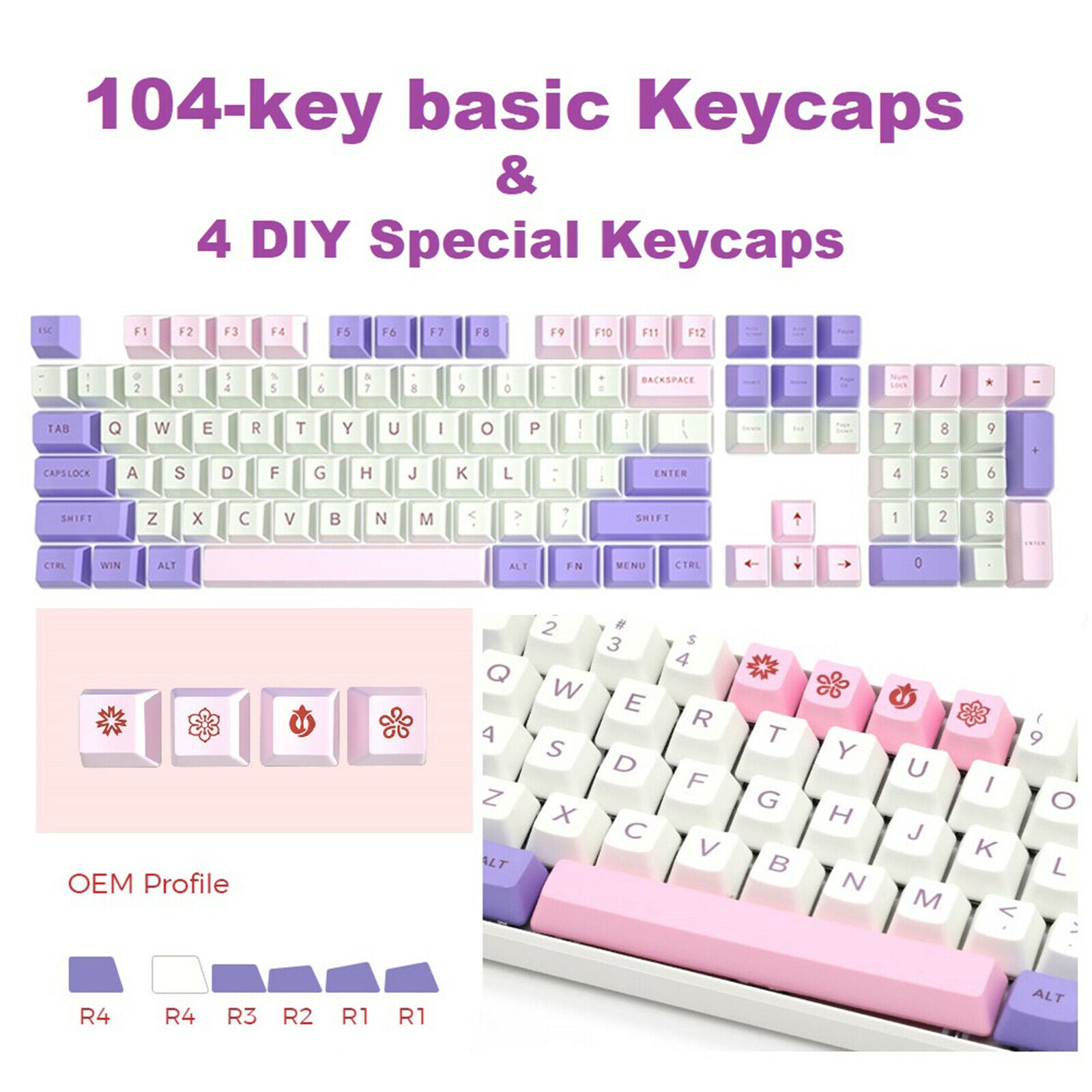 108 Key Mechanical Keyboard Keycaps Pink & Purple Anti-Slip Home Office