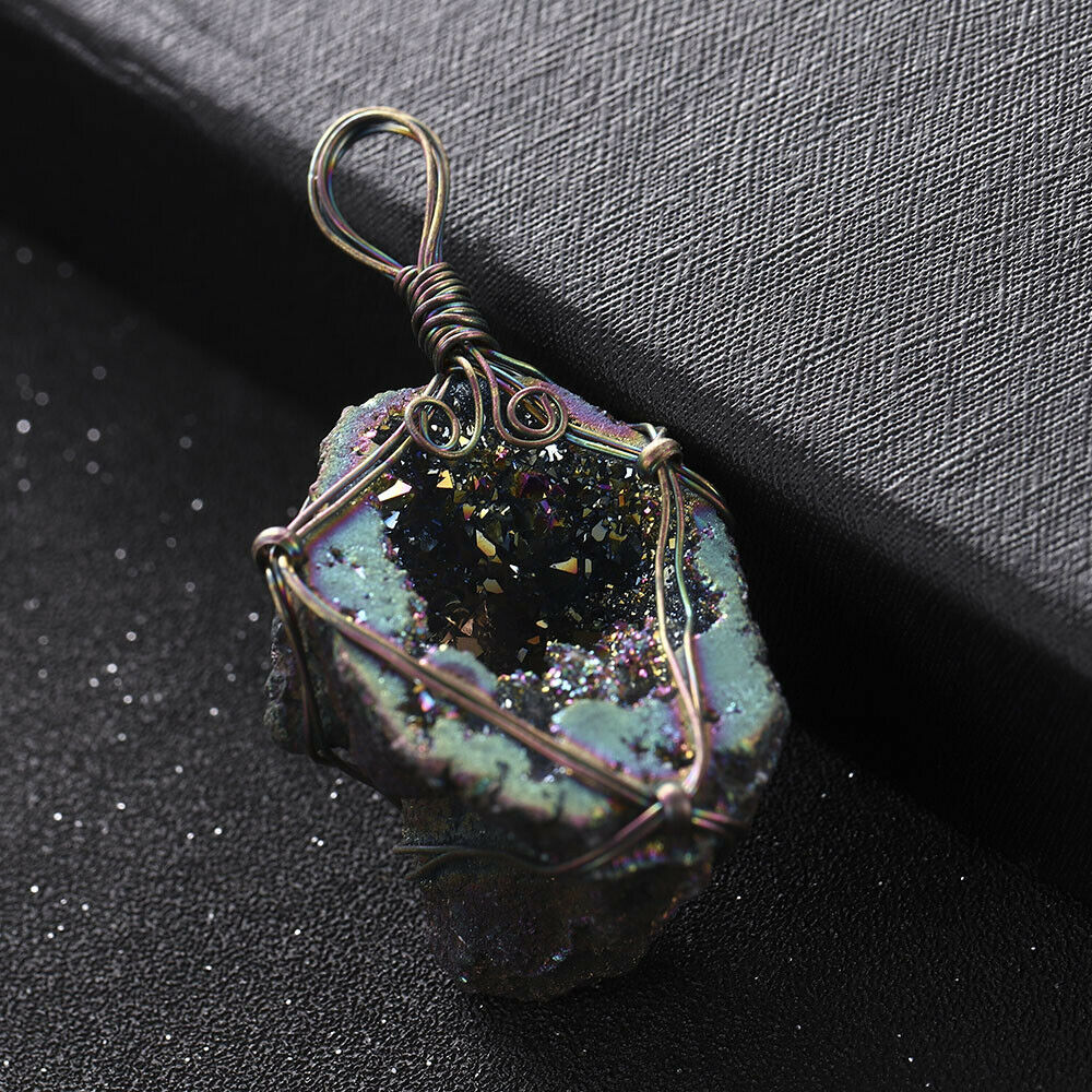 100%-Natural Wrap Rainbow Titanium Crystal Agate Druzy Quartz Geode Pendant Bead