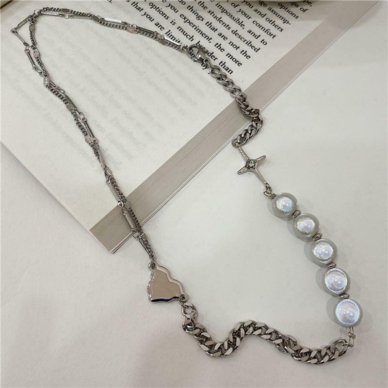 Choker Necklace for Women Big Fluorescent Pearls Alloy Chain with Glitter Cross