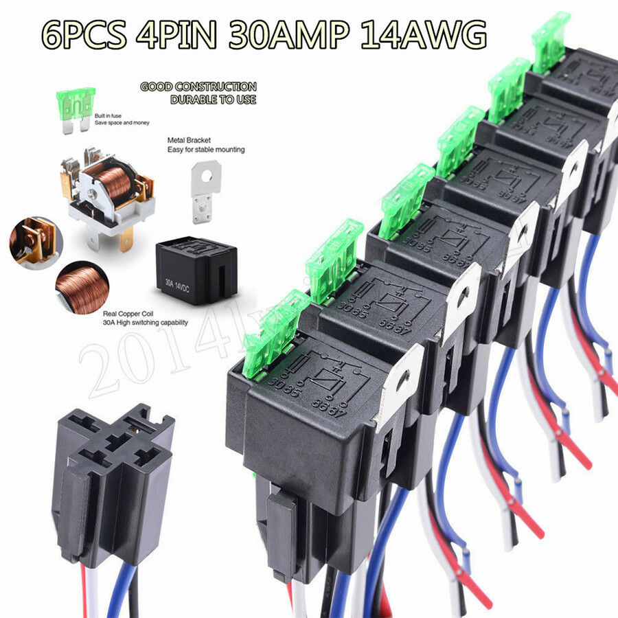 6Pcs Car Relay Switch Harness Set-12V 4PIN SPST 30AMP Fuse Holder 14AWG Hot Wire