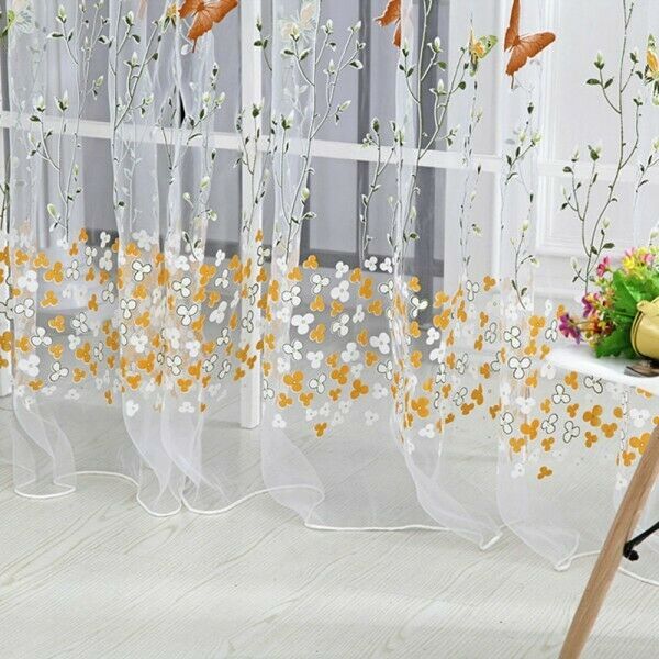 Yellow Buttefly Scarf Sheer Voile Window Treatment Curtain Drape Valance 1MX2M