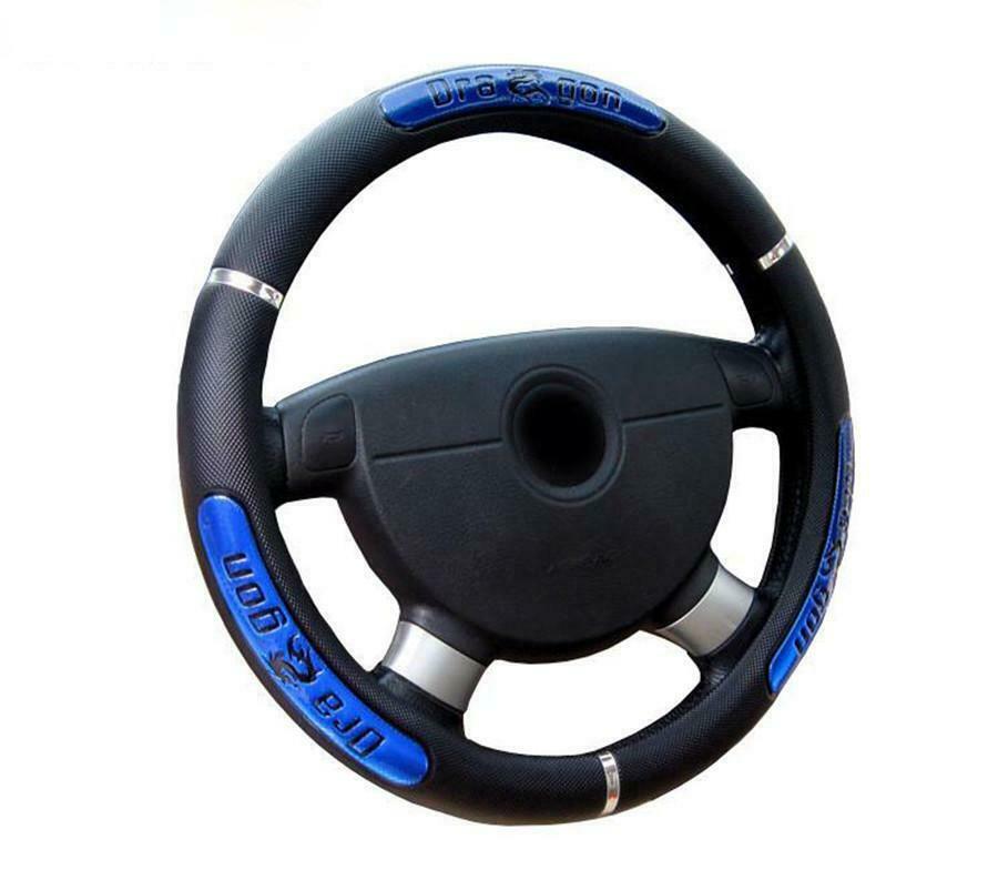 Universal Car Steering Wheel Cover Black & Blue PU Leather Non-Slip Good Grip