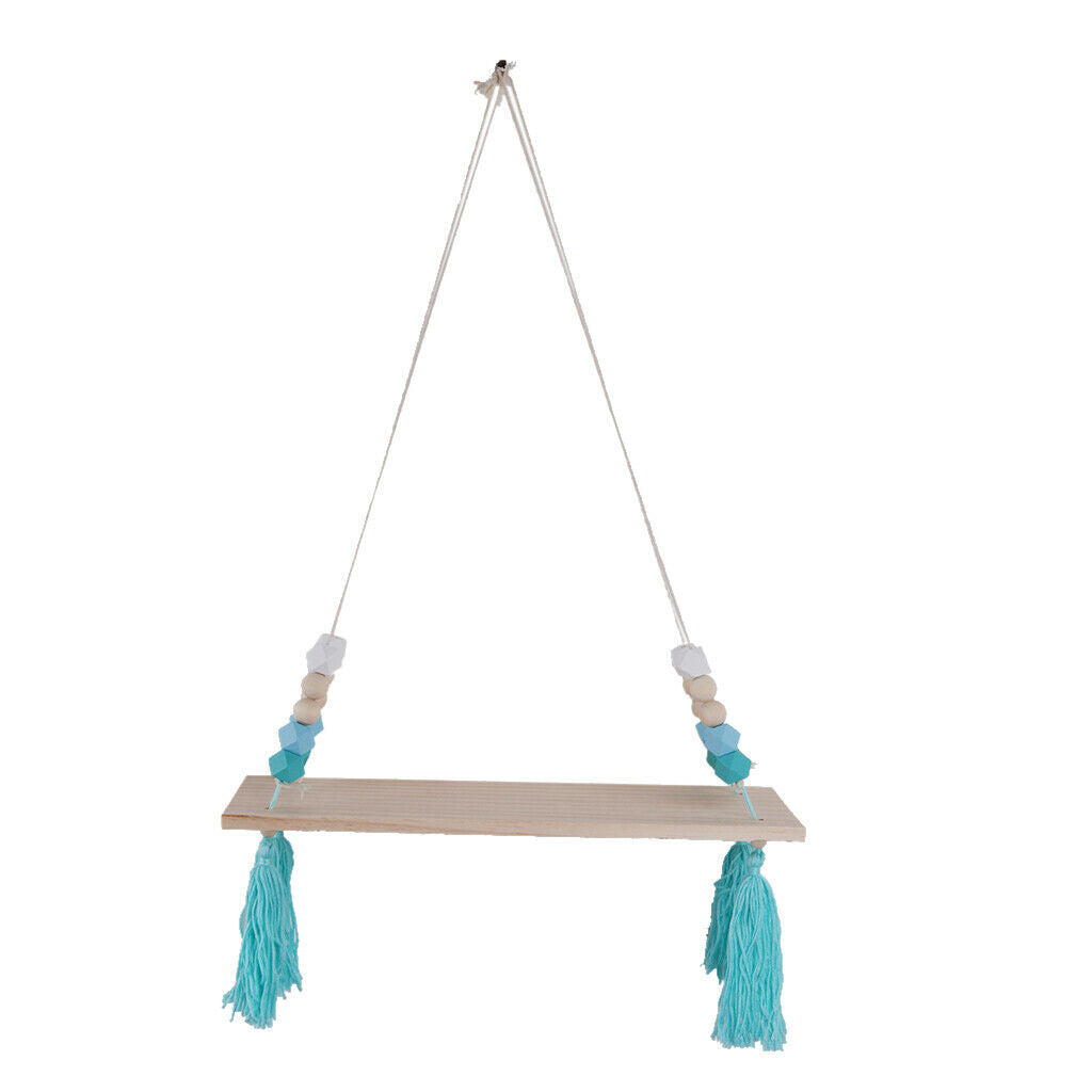 Wall Hanging Wood Swing Floating Shelf Kids Room Blue White Bead Blue Tassel