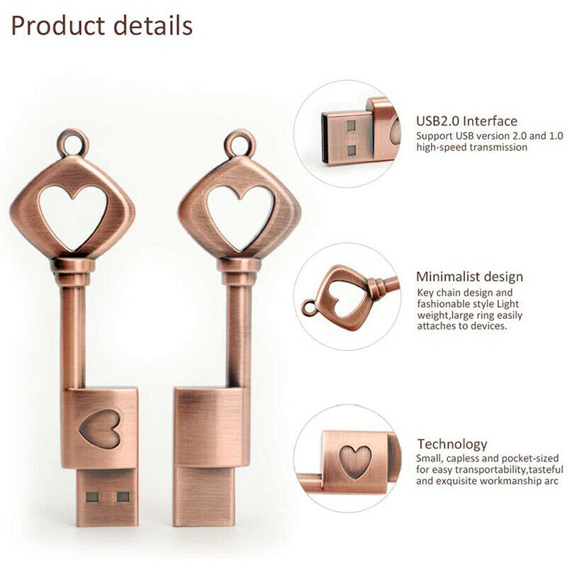 32GB USB 2.0 Flash Drive, Retro Metal Love Heart Key Shaped Thumb Drive,USB A3L7