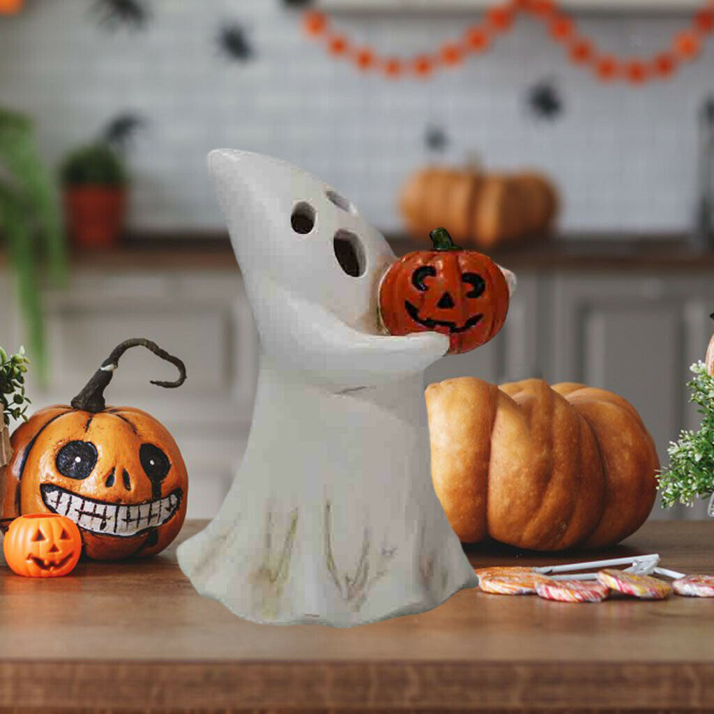 Halloween Ghost Holding Pumpkin Indoor Yard Office Statue Night Light Decor