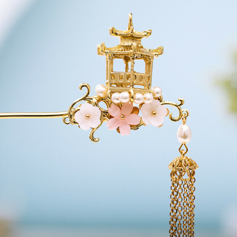 Chinese Hairpin Flower Pavilion Tassel Kanzashi Step Shake Hair Clip Fairy