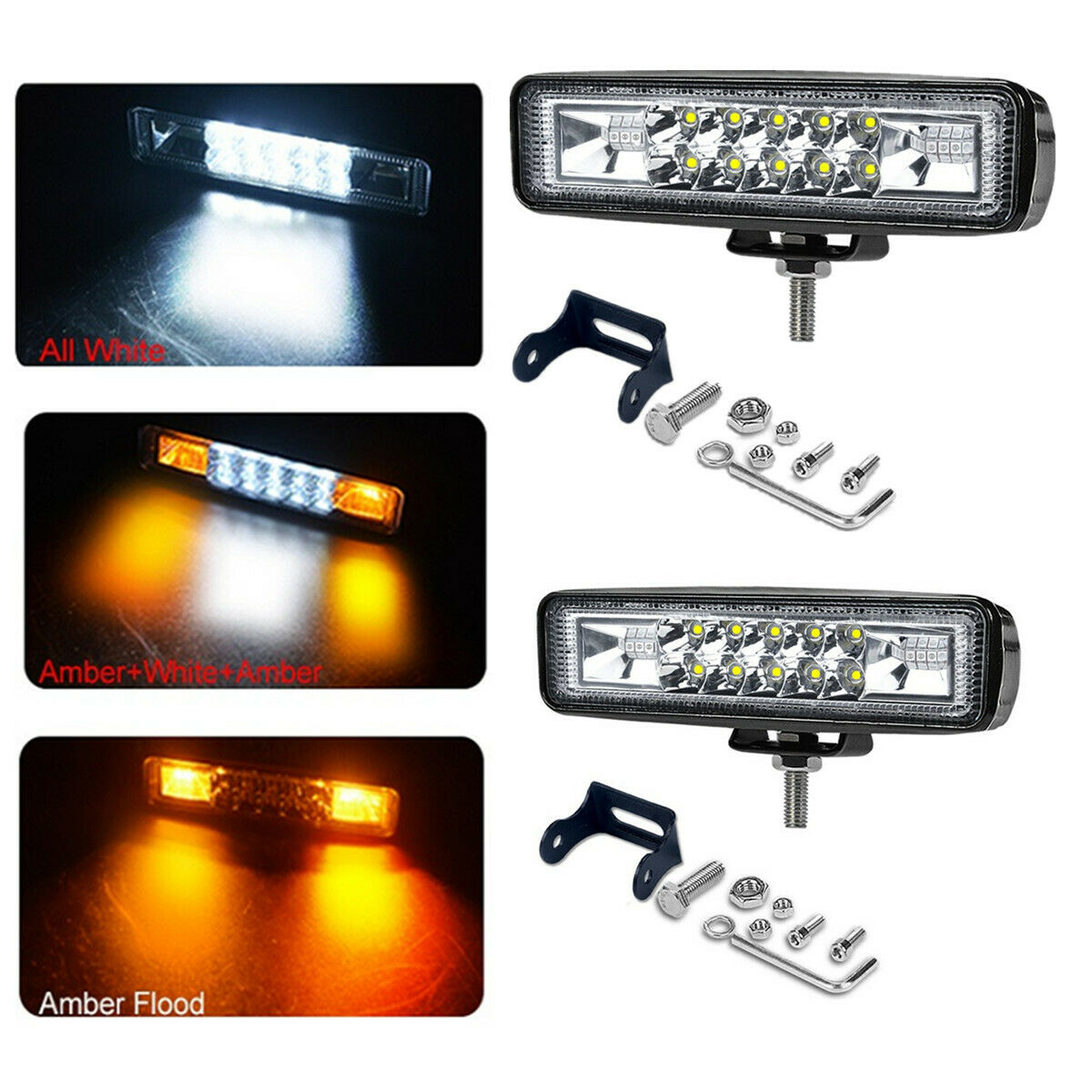 1 Pair 6 inch 48W 4800lm White Spot Beam+Amber Flood Beam LED Strobe Work Light